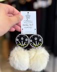MJ - Boucles d'oreilles Fleur d'épines de porc-épic avec pompon - noir/lapin blanc
