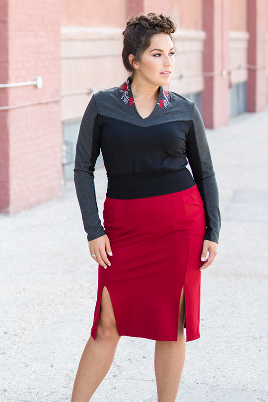 Black skirt and red top hotsell