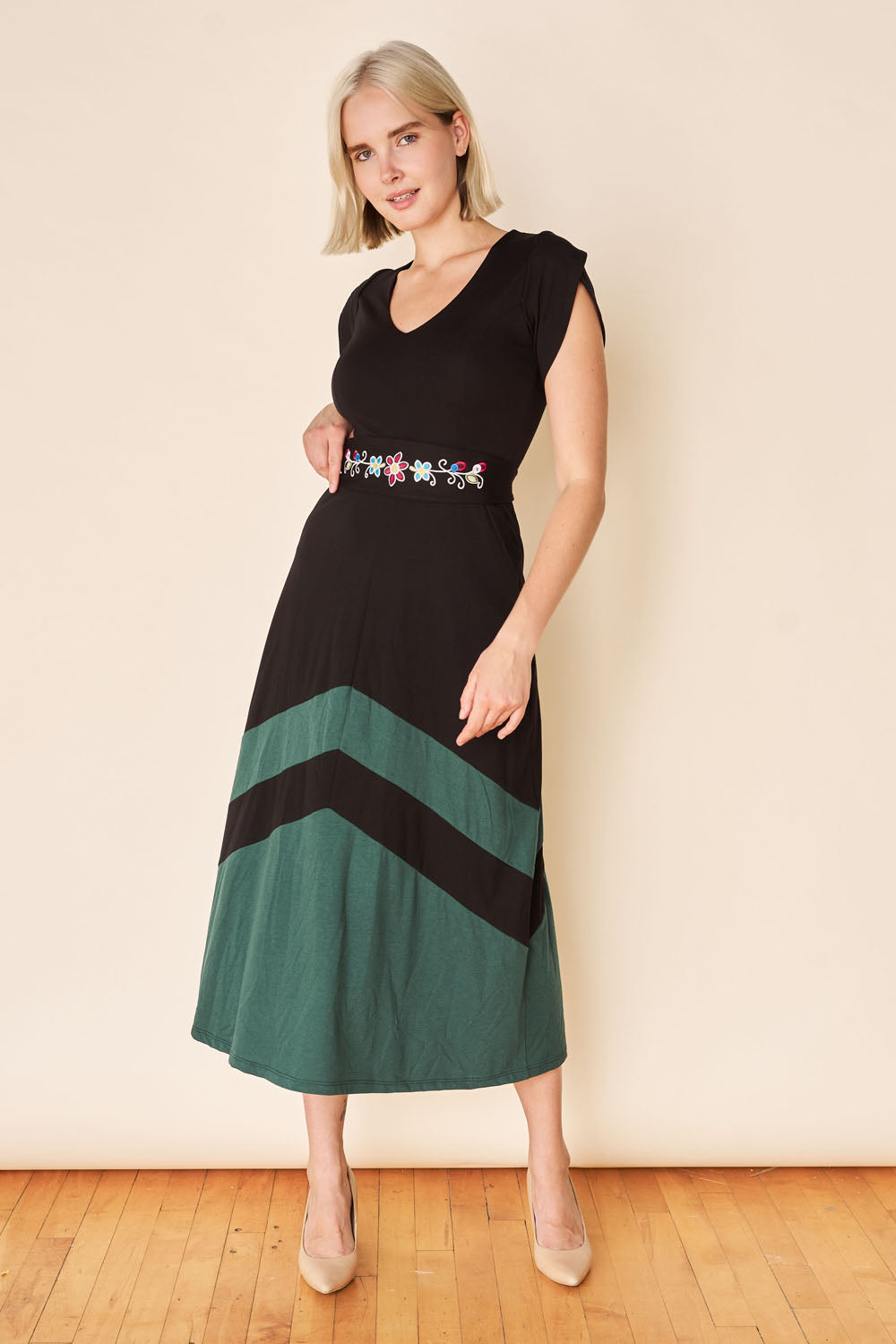 VELORA Dress- Black/ Forest Teal